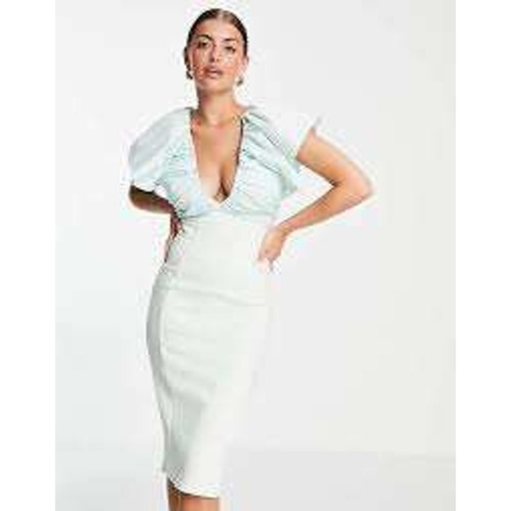 ASOS NEW Pastel Mint Green Ruched Puff Sleeve Midi Dress SZ 10 Wedding Cocktail